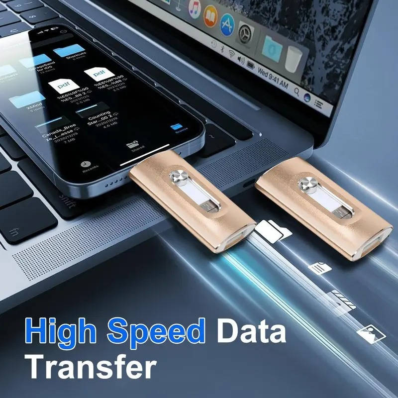 Multi Device Flash Drive with Triple Connectors and File Compression for Phones, Tablets, Computers