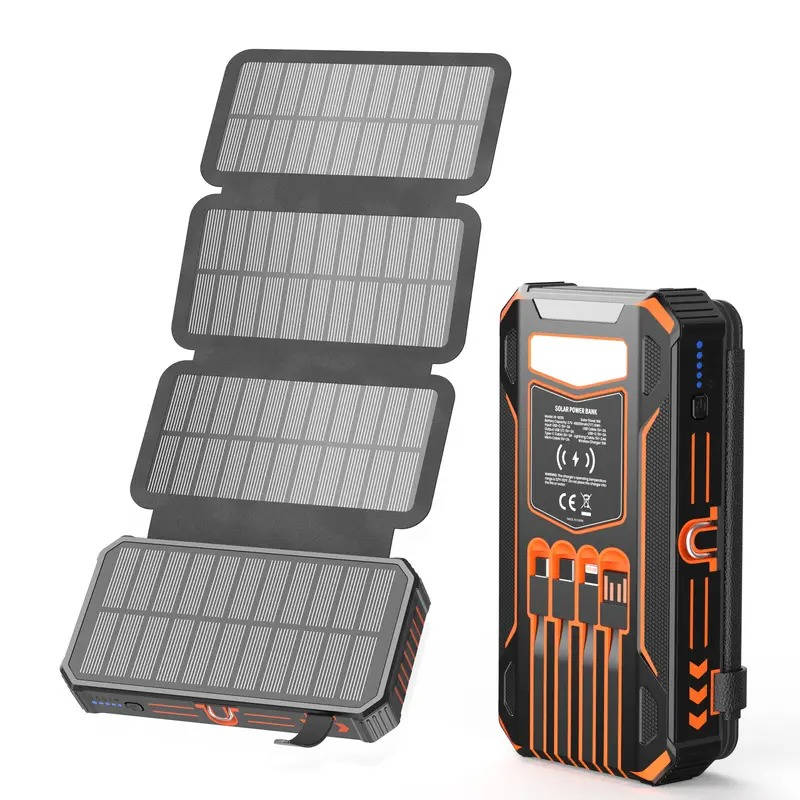 Solar Power Bank with 48000mAh Battery and 15W Wireless Charging, Foldable Panels with Built-in Cables and SOS Flashlight