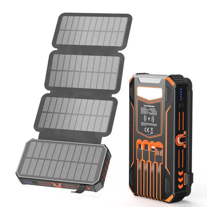 Solar Power Bank with 48000mAh Battery and 15W Wireless Charging, Foldable Panels with Built-in Cables and SOS Flashlight