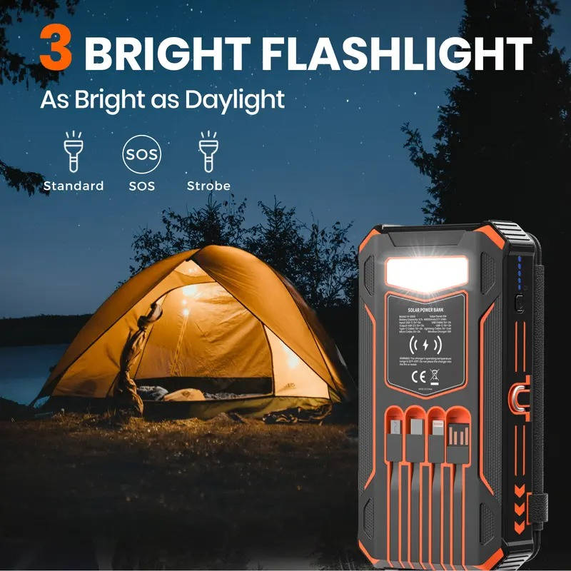 Solar Power Bank with 48000mAh Battery and 15W Wireless Charging, Foldable Panels with Built-in Cables and SOS Flashlight