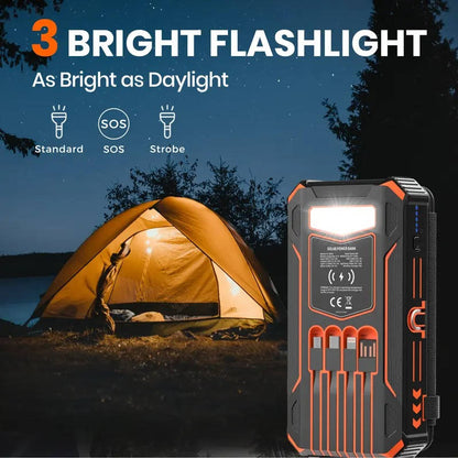 Solar Power Bank with 48000mAh Battery and 15W Wireless Charging, Foldable Panels with Built-in Cables and SOS Flashlight