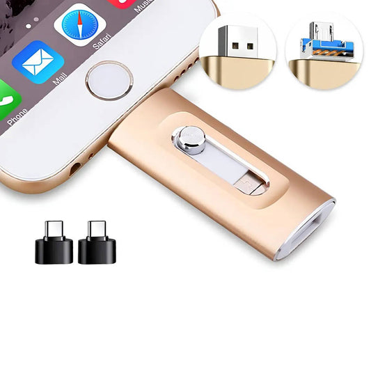 Multi Device Flash Drive with Triple Connectors and File Compression for Phones, Tablets, Computers