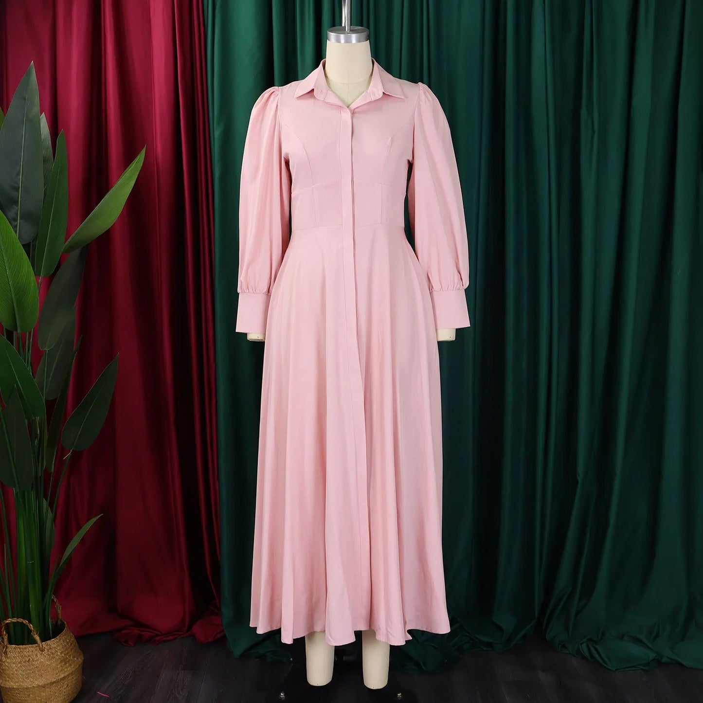 Women's Button-Front Maxi Dress - Puff Sleeve A-Line with Lapel Collar