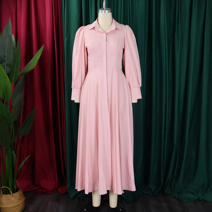 Women's Button-Front Maxi Dress - Puff Sleeve A-Line with Lapel Collar