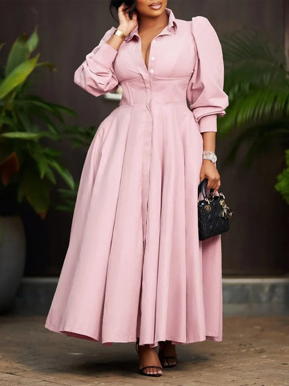 Women's Button-Front Maxi Dress - Puff Sleeve A-Line with Lapel Collar