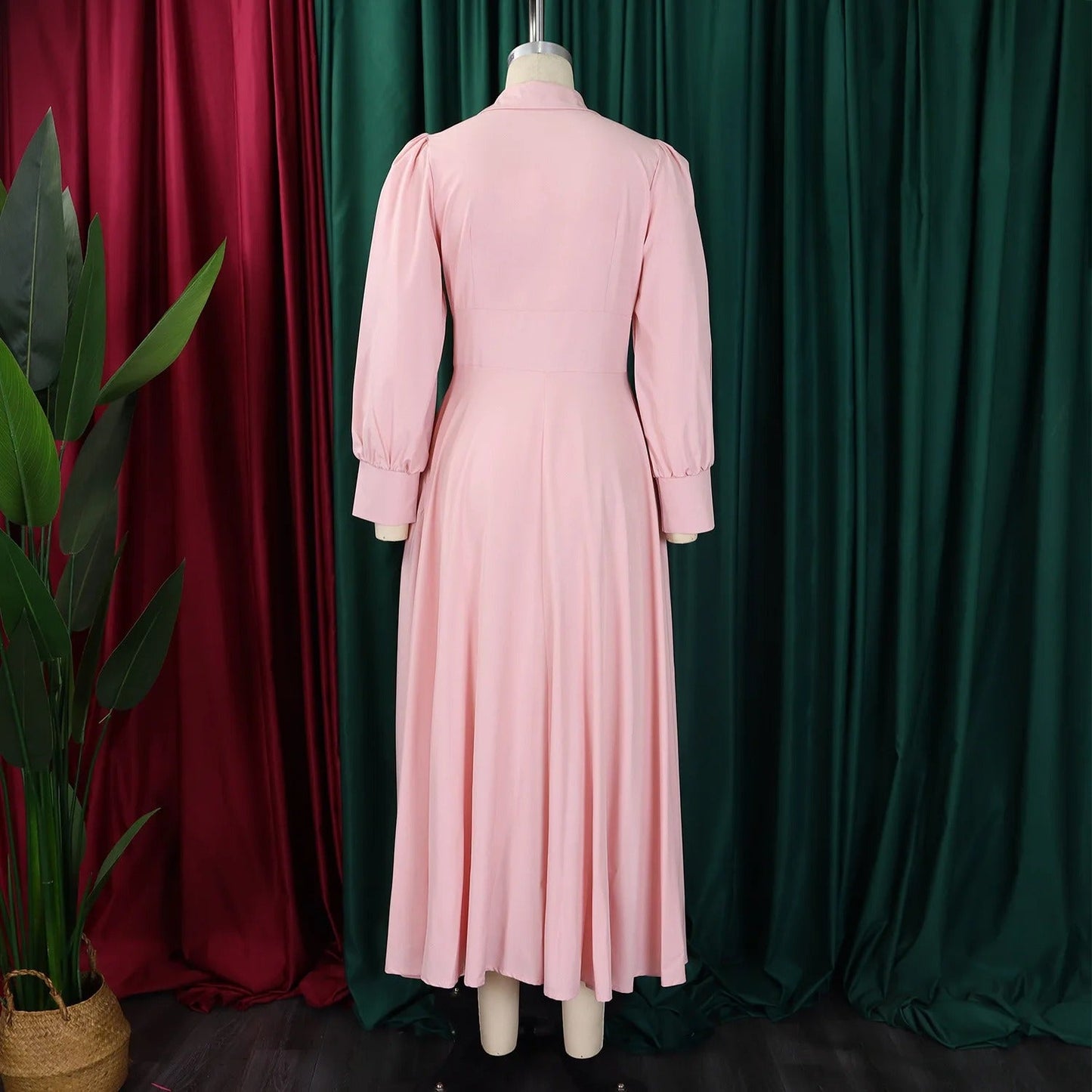 Women's Button-Front Maxi Dress - Puff Sleeve A-Line with Lapel Collar