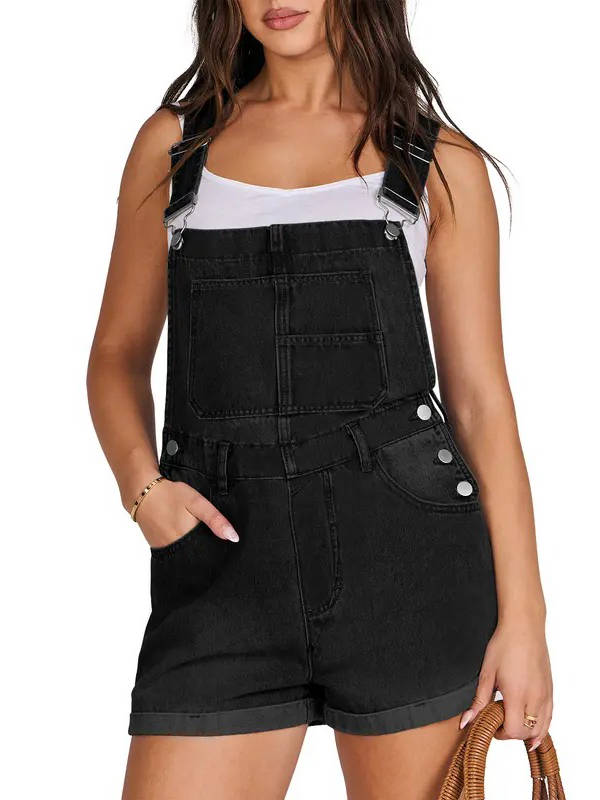 Women's Denim Shortalls with Adjustable Button Straps and Five Pockets, Loose Fit Sleeveless