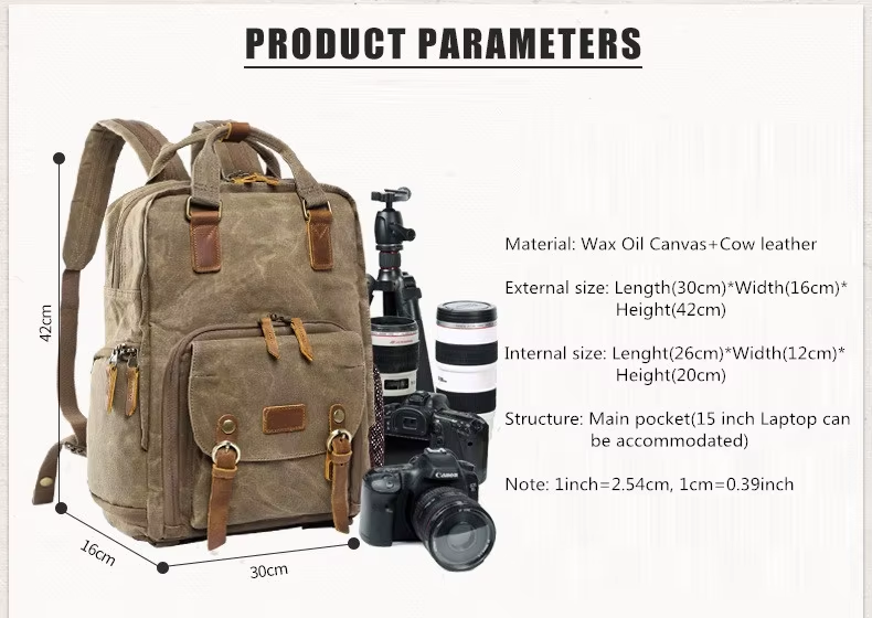 Camera Backpack Waterproof Waxed Canvas With Padded Interior And Tripod Straps