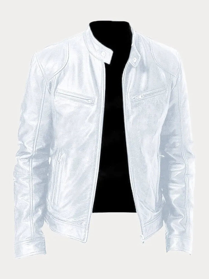 Structured Hip Length Jacket with Snap Tab Collar and Metal Zip Pockets