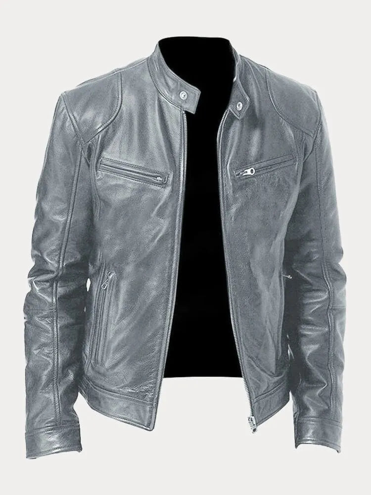 Structured Hip Length Jacket with Snap Tab Collar and Metal Zip Pockets
