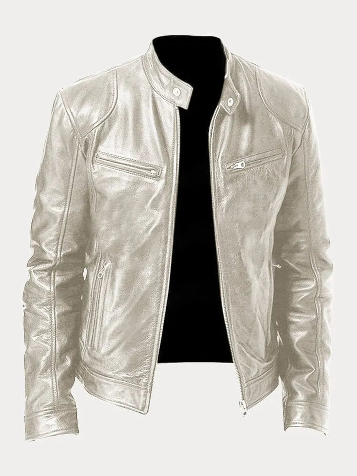Structured Hip Length Jacket with Snap Tab Collar and Metal Zip Pockets