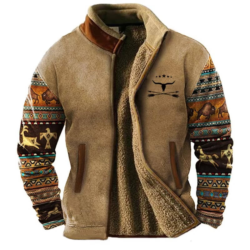 Fleece Jacket For Men With Western Aztec Pattern And Sherpa Lining