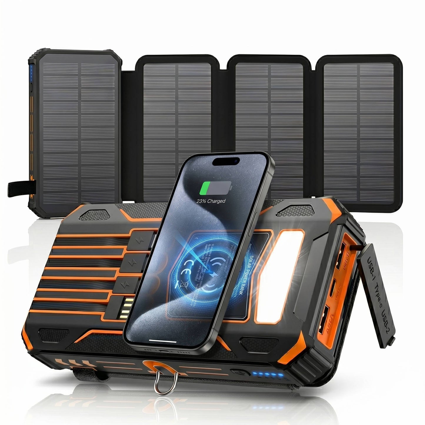 Solar Power Bank with 48000mAh Battery and 15W Wireless Charging, Foldable Panels with Built-in Cables and SOS Flashlight