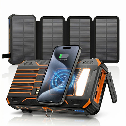 Solar Power Bank with 48000mAh Battery and 15W Wireless Charging, Foldable Panels with Built-in Cables and SOS Flashlight