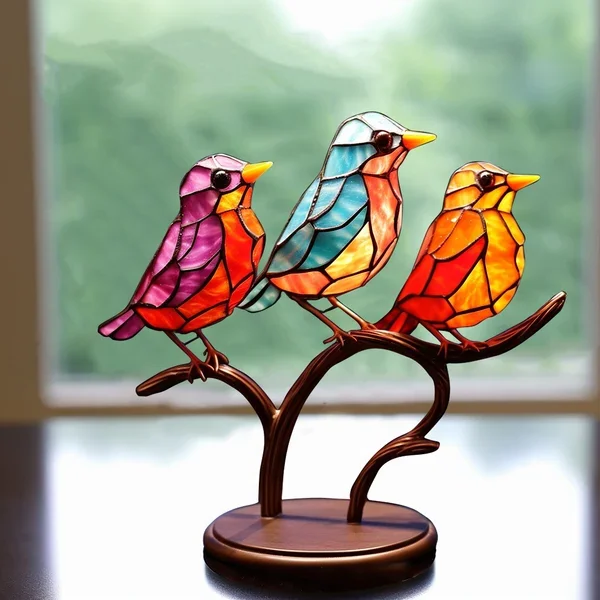 Acrylic Bird on Branch Desktop Ornament with Rainbow Color Shifting and Stable Base