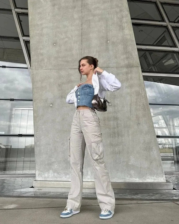 Women's Cotton Blend Cargo Pants with Adjustable Waist Belt and Multiple Pockets