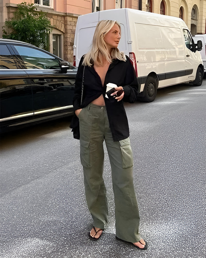 Women's Cotton Blend Cargo Pants with Adjustable Waist Belt and Multiple Pockets