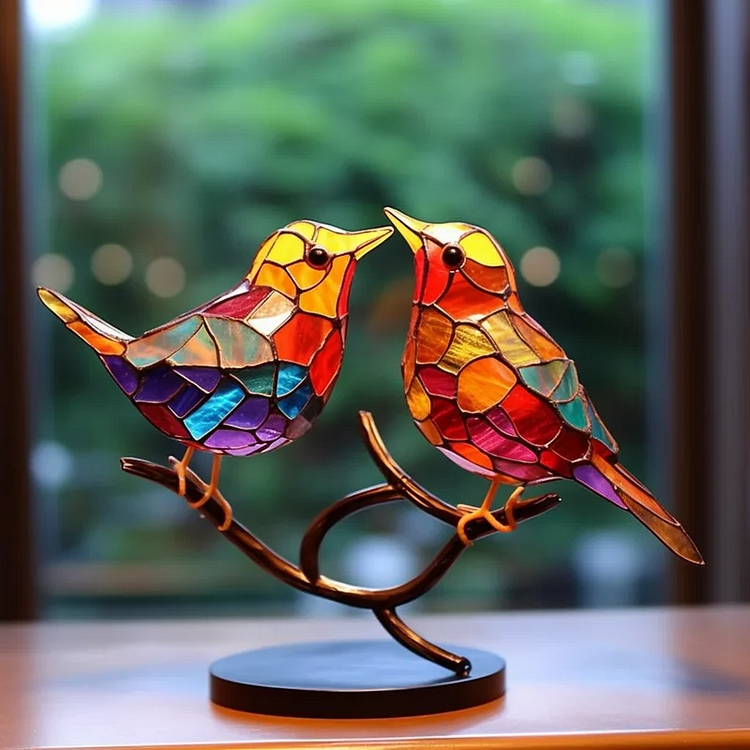 Acrylic Bird on Branch Desktop Ornament with Rainbow Color Shifting and Stable Base