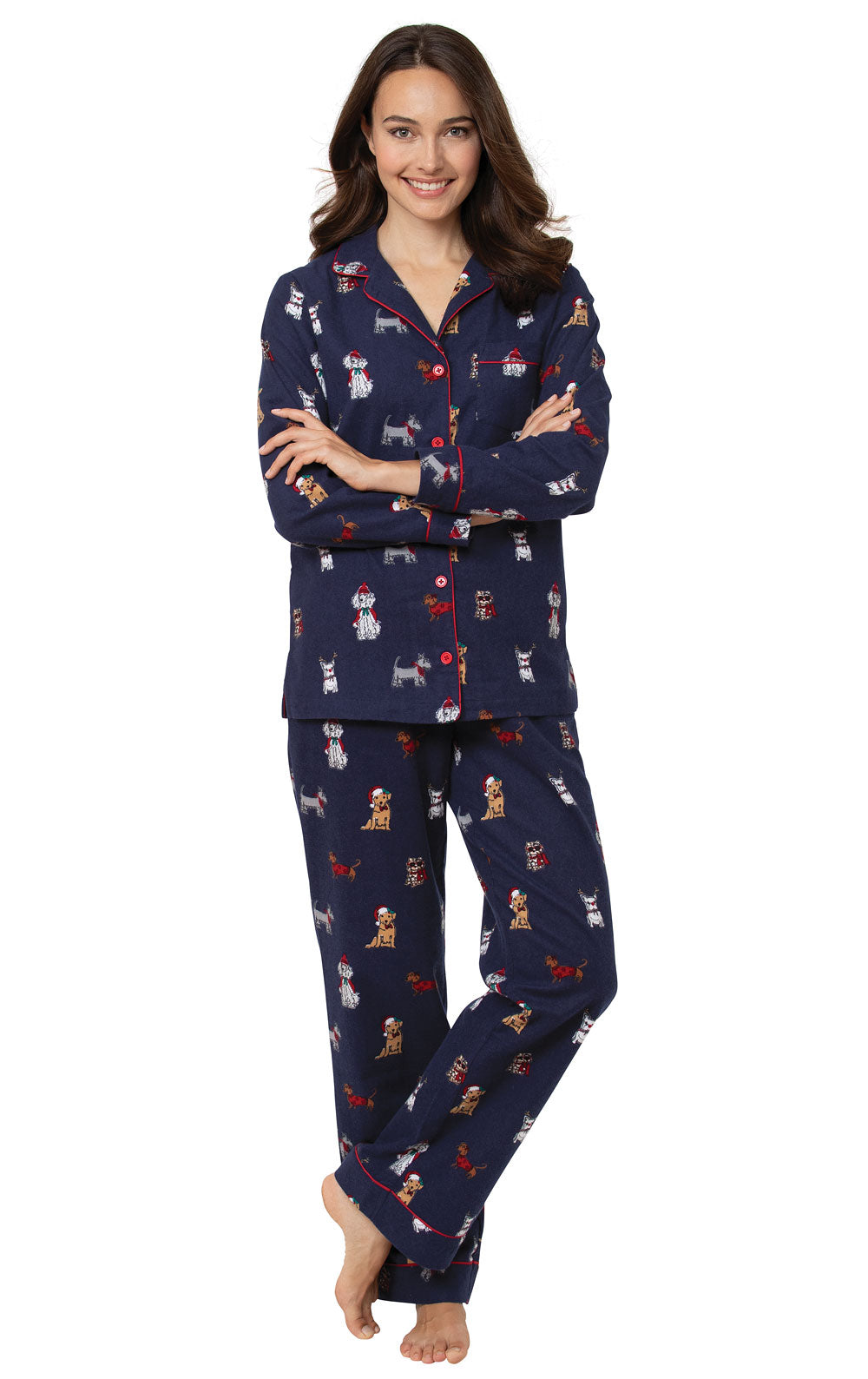 Button Front Flannel Pajamas with Festive Dog Print and Long Sleeves