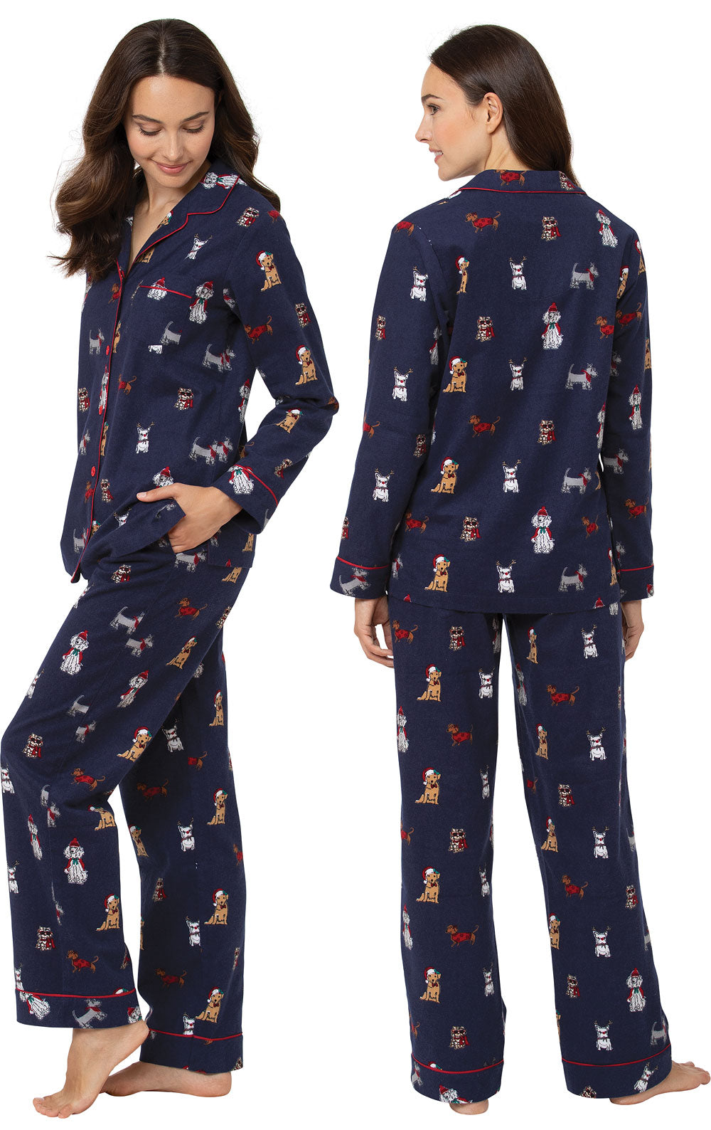 Button Front Flannel Pajamas with Festive Dog Print and Long Sleeves