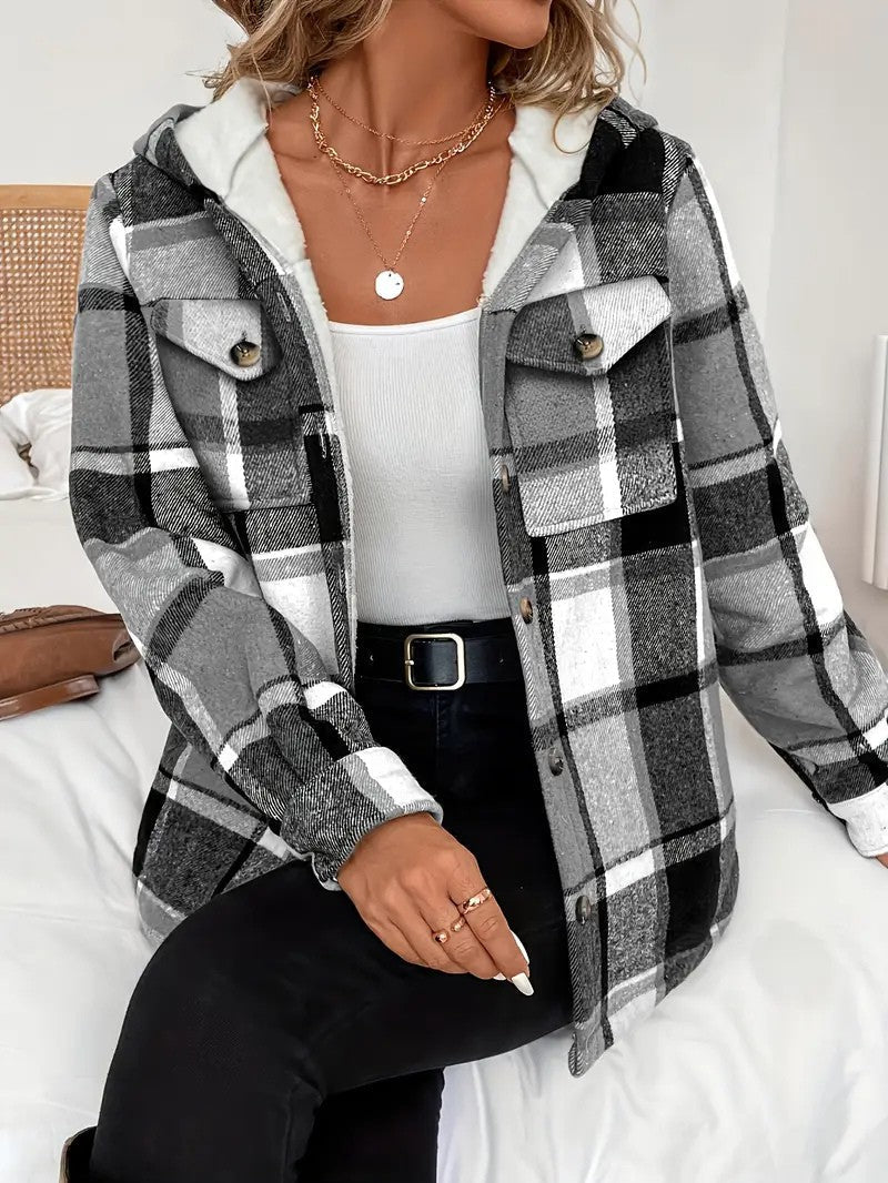 Shirt Jacket With Hood, Fleece Lining, Classic Plaid Pattern