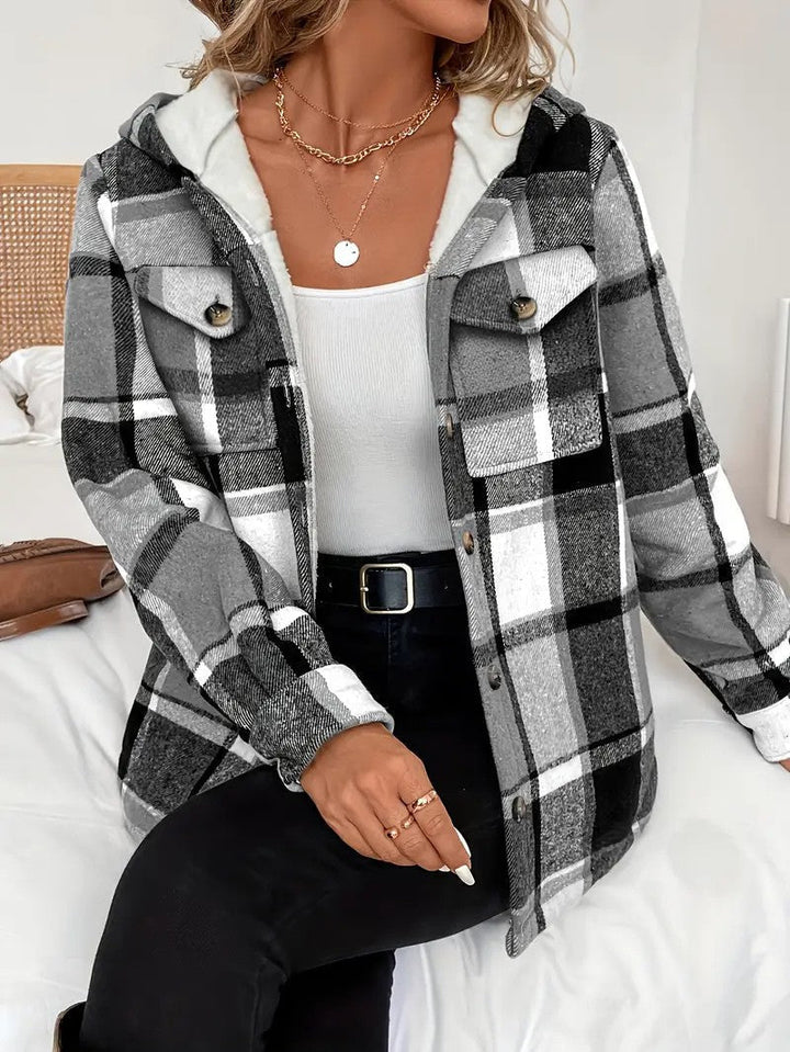 Shirt Jacket With Hood, Fleece Lining, Classic Plaid Pattern