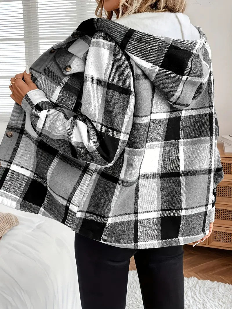 Shirt Jacket With Hood, Fleece Lining, Classic Plaid Pattern