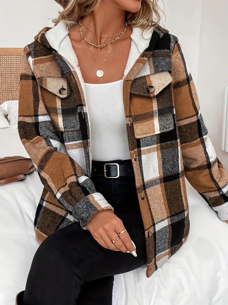 Shirt Jacket With Hood, Fleece Lining, Classic Plaid Pattern