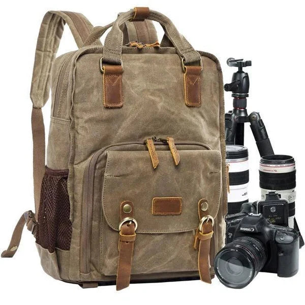 Camera Backpack Waterproof Waxed Canvas With Padded Interior And Tripod Straps