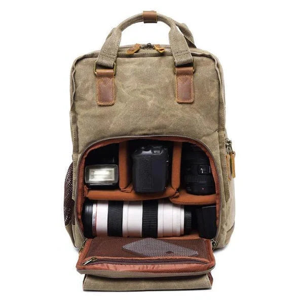 Camera Backpack Waterproof Waxed Canvas With Padded Interior And Tripod Straps