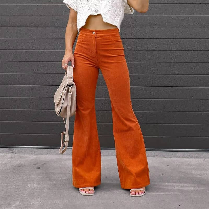 High Rise Corduroy Flare Pants for Women with Stretch Fabric and Four Pockets