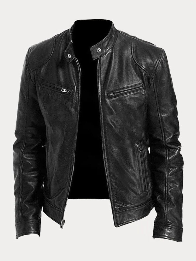 Structured Hip Length Jacket with Snap Tab Collar and Metal Zip Pockets