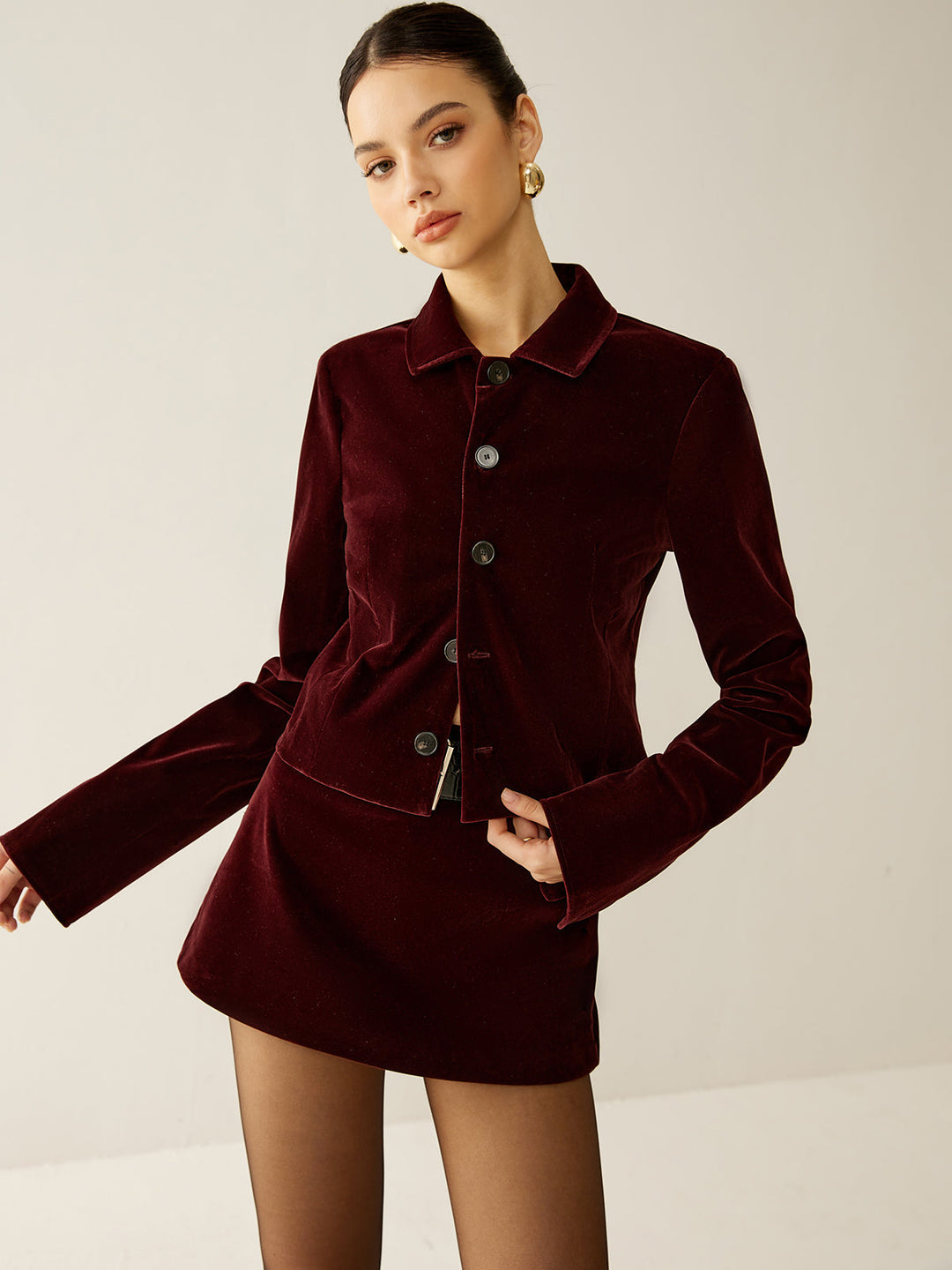 Polyester Velvet Top with Long Sleeves and Hip Length for Work and Events