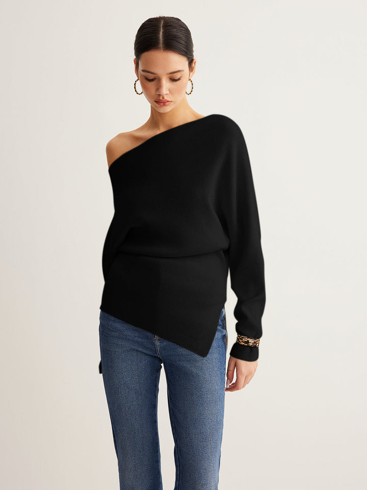 Cold Shoulder Pullover Sweater with Pleated Front and Stretch Knit Blend