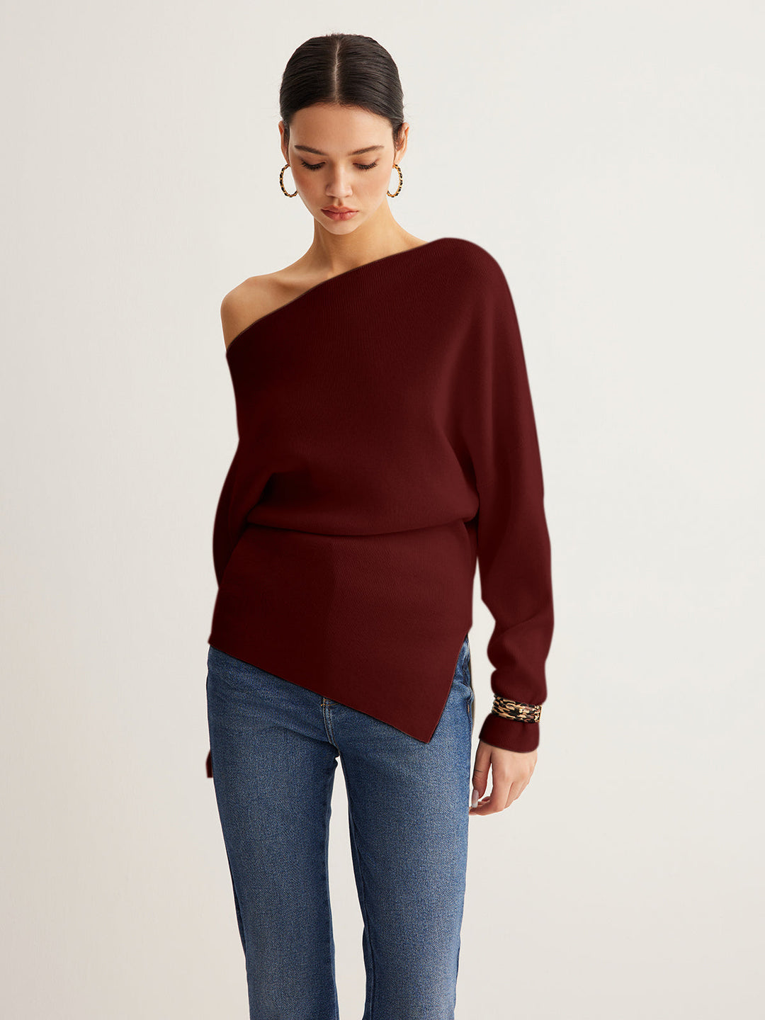 Cold Shoulder Pullover Sweater with Pleated Front and Stretch Knit Blend