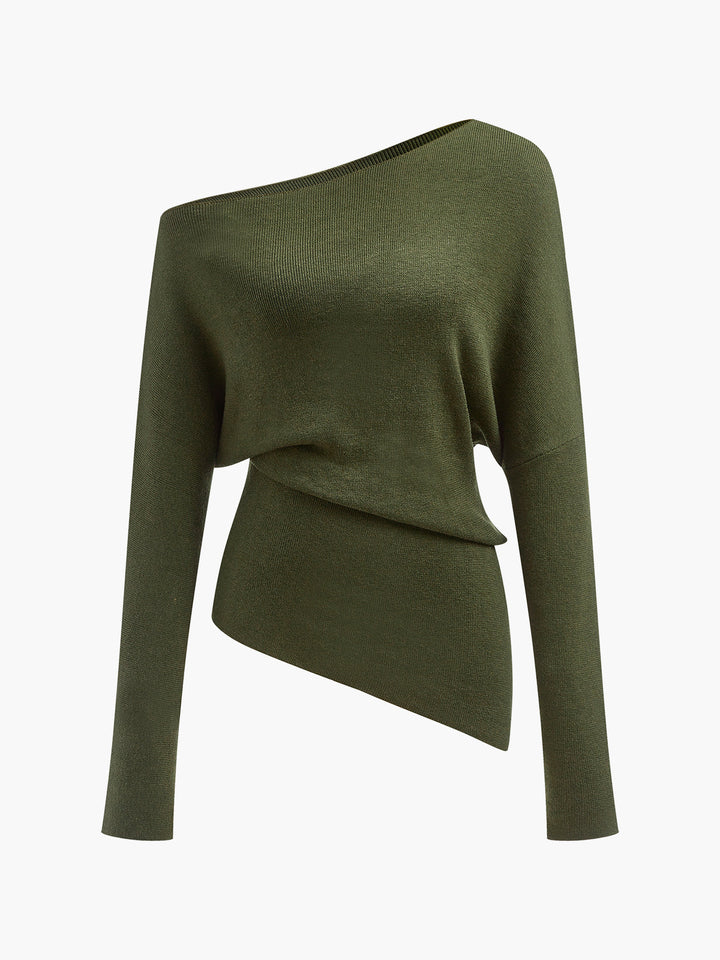 Cold Shoulder Pullover Sweater with Pleated Front and Stretch Knit Blend