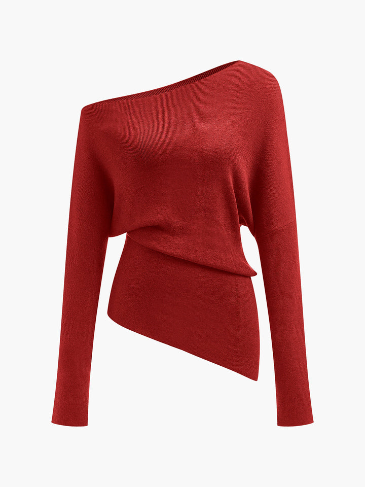Cold Shoulder Pullover Sweater with Pleated Front and Stretch Knit Blend