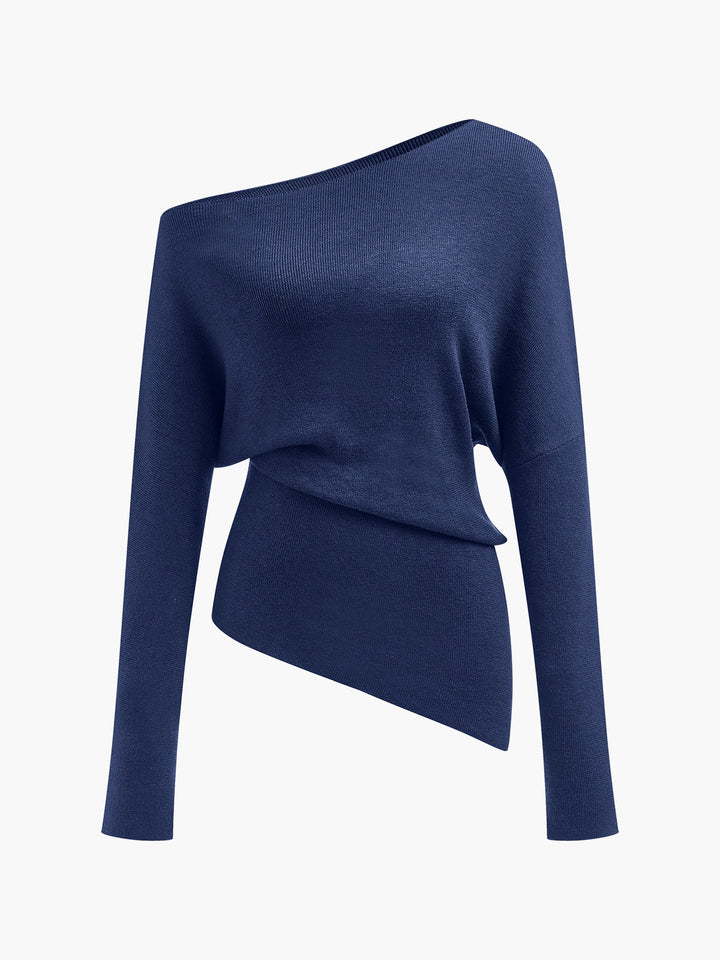 Cold Shoulder Pullover Sweater with Pleated Front and Stretch Knit Blend