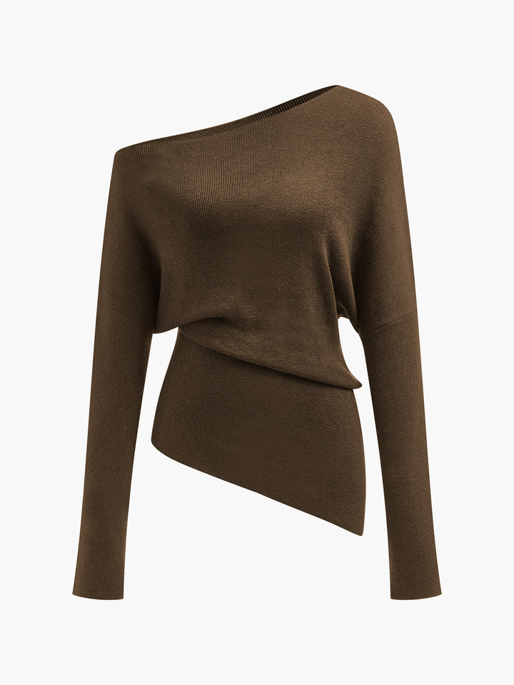 Cold Shoulder Pullover Sweater with Pleated Front and Stretch Knit Blend