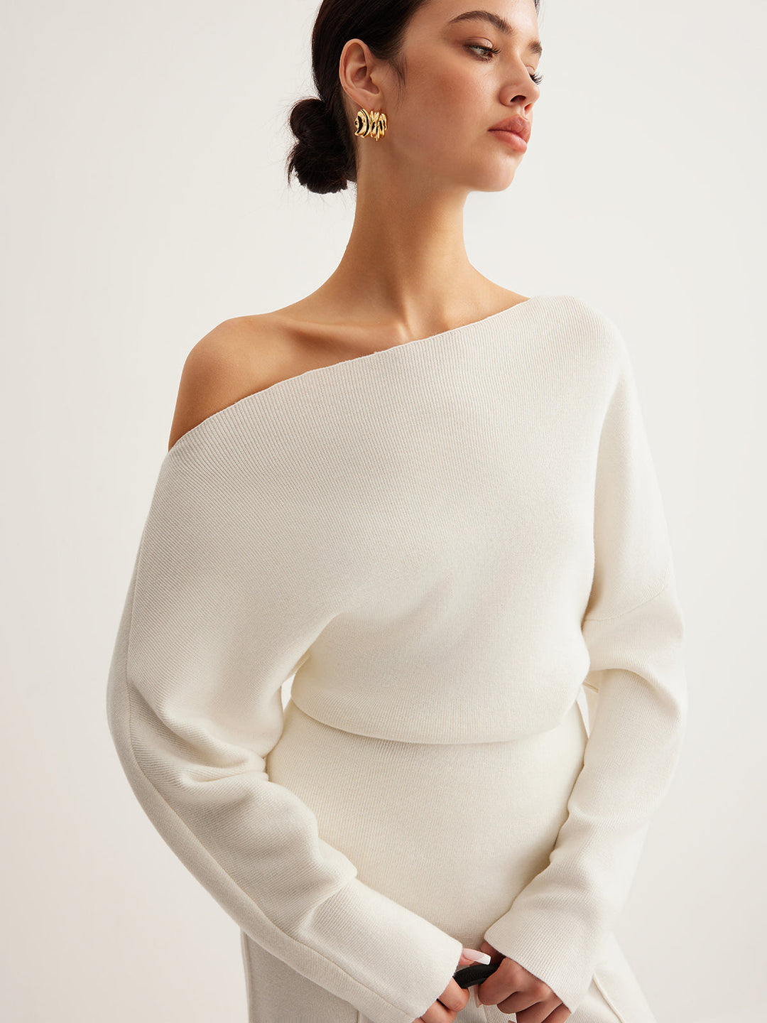 Cold Shoulder Pullover Sweater with Pleated Front and Stretch Knit Blend