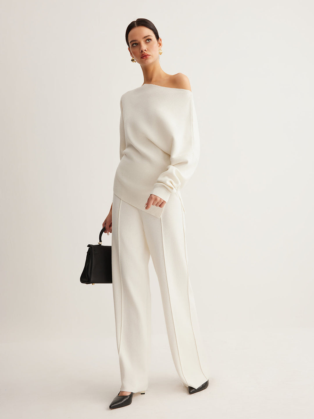 Cold Shoulder Pullover Sweater with Pleated Front and Stretch Knit Blend