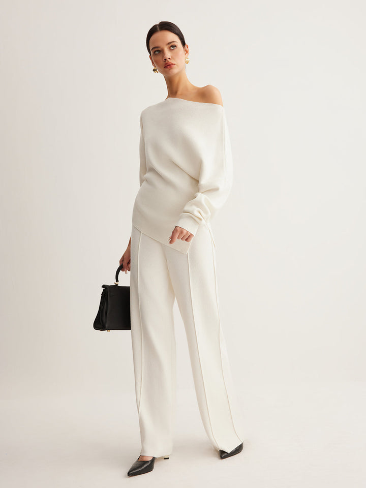 Cold Shoulder Pullover Sweater with Pleated Front and Stretch Knit Blend