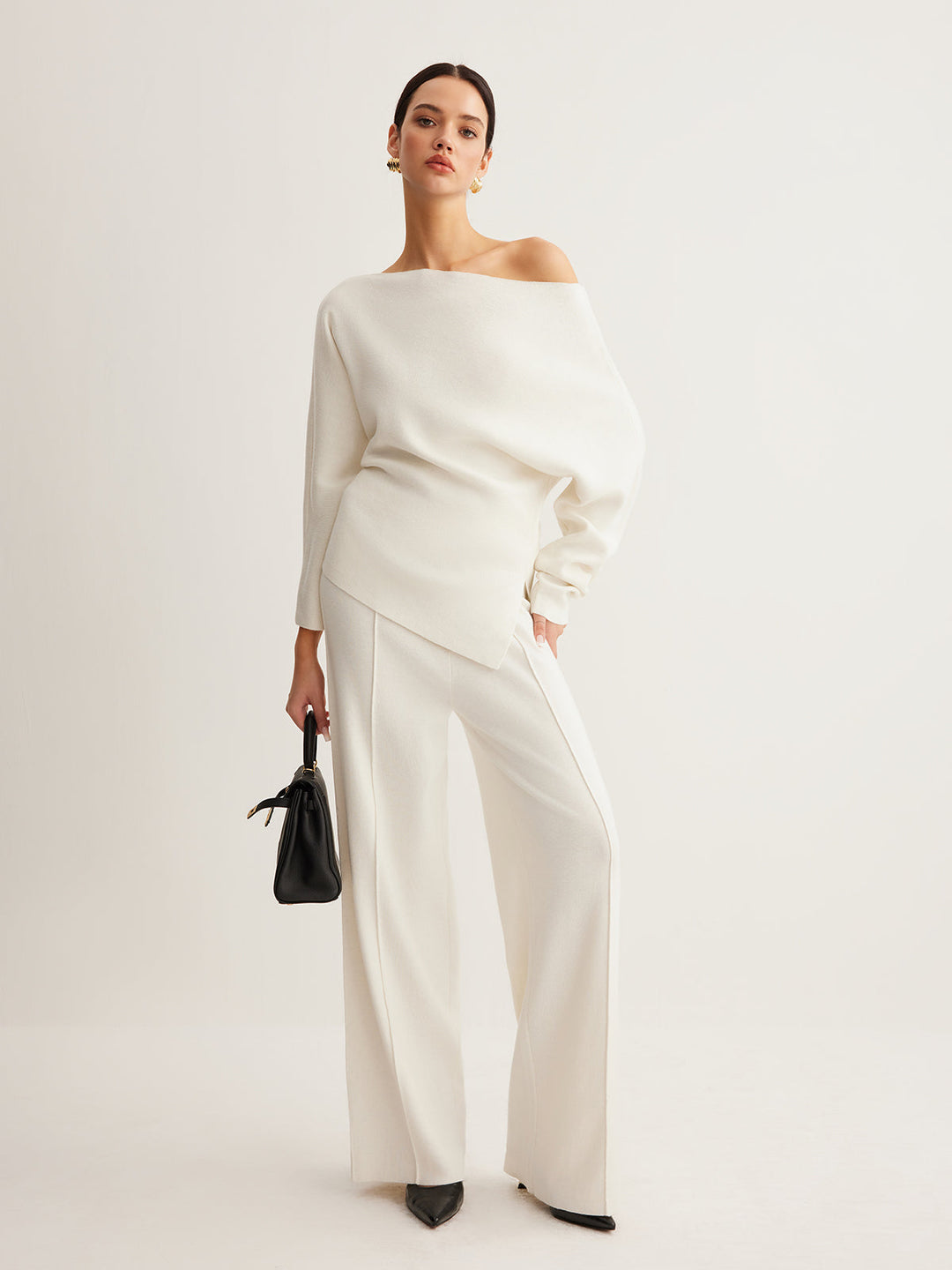 Cold Shoulder Pullover Sweater with Pleated Front and Stretch Knit Blend