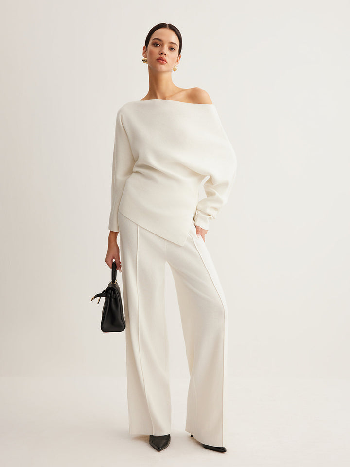 Cold Shoulder Pullover Sweater with Pleated Front and Stretch Knit Blend