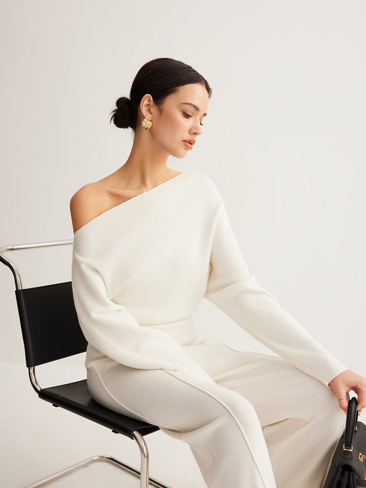 Cold Shoulder Pullover Sweater with Pleated Front and Stretch Knit Blend