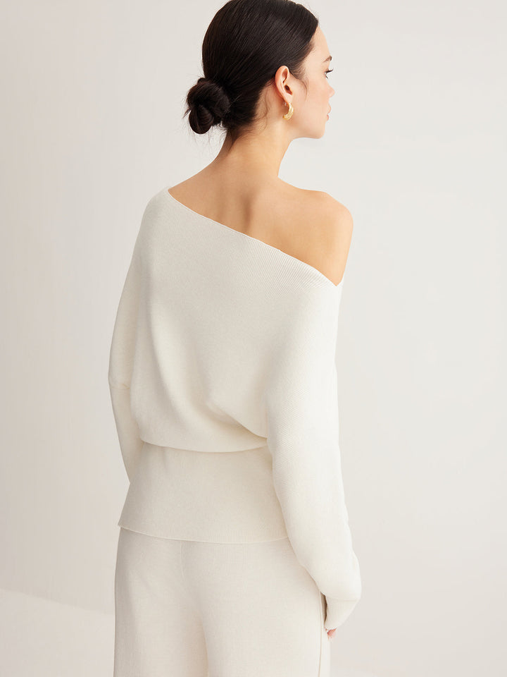 Cold Shoulder Pullover Sweater with Pleated Front and Stretch Knit Blend
