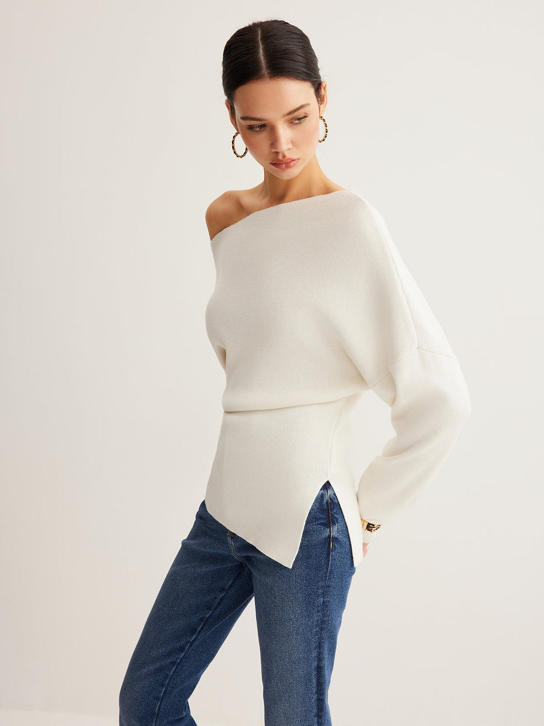 Cold Shoulder Pullover Sweater with Pleated Front and Stretch Knit Blend