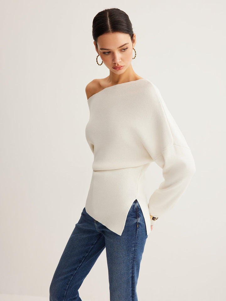 Cold Shoulder Pullover Sweater with Pleated Front and Stretch Knit Blend