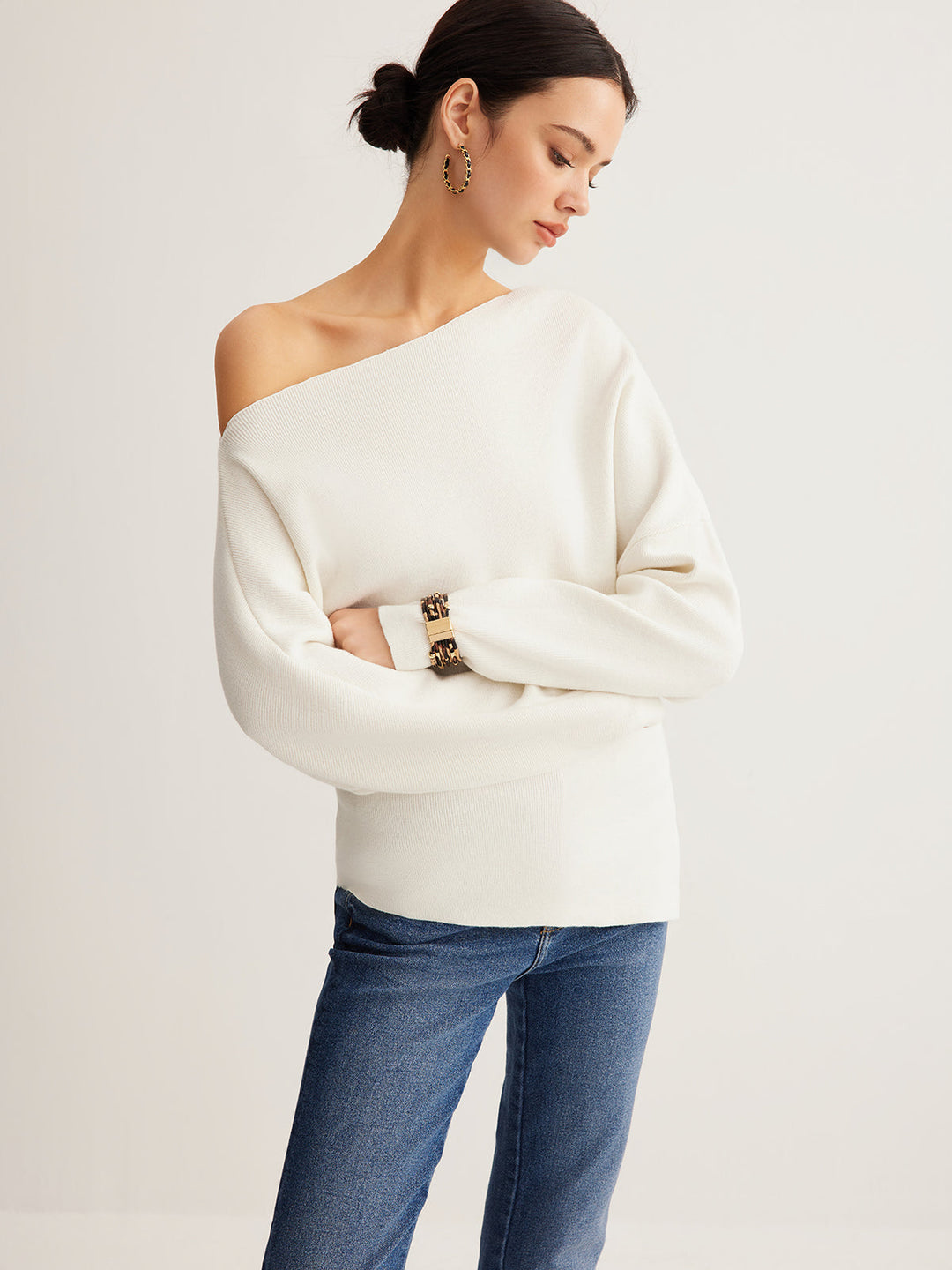 Cold Shoulder Pullover Sweater with Pleated Front and Stretch Knit Blend