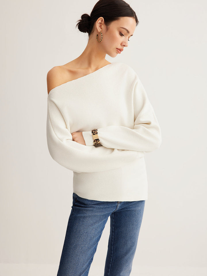 Cold Shoulder Pullover Sweater with Pleated Front and Stretch Knit Blend